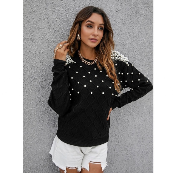 Pearl Embellished Black Knit Textured Sweater - Picture 4 of 14